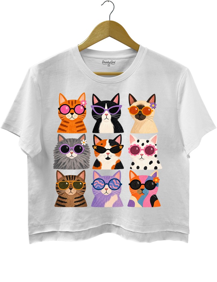Cool Cats Sunglasses Crop Top - White