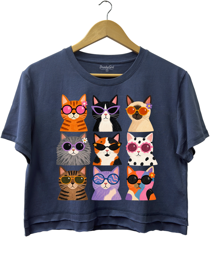 Cool Cats Sunglasses Crop Top - Navy Blue