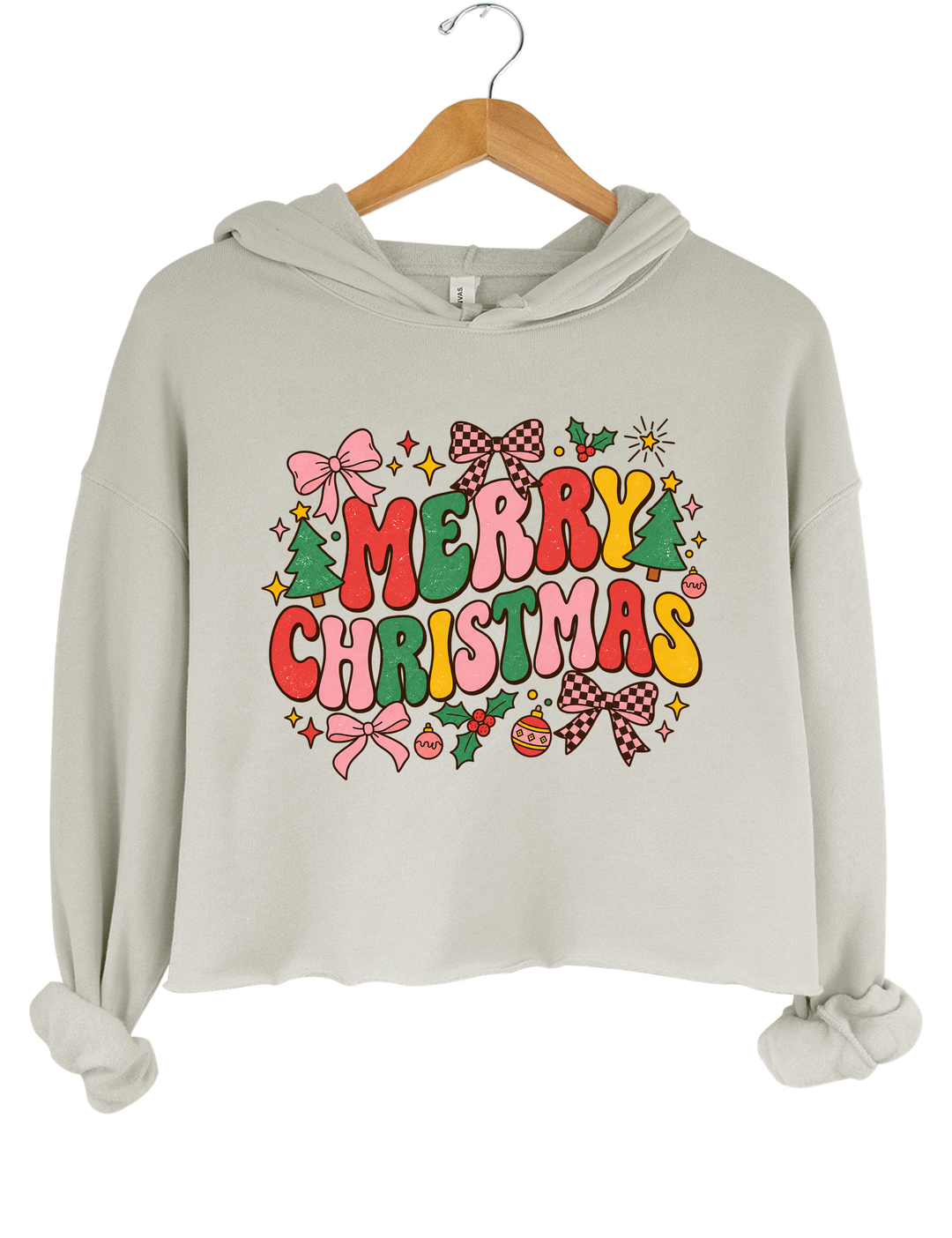 Retro Merry Christmas Crop Hoodie - Gray