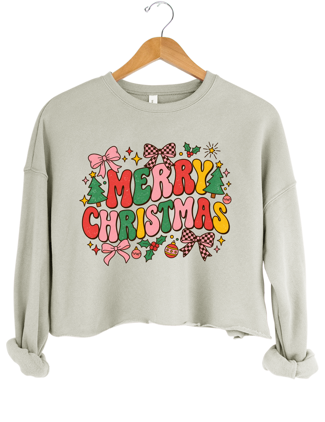 Retro Merry Christmas Crop Sweatshirt - Gray