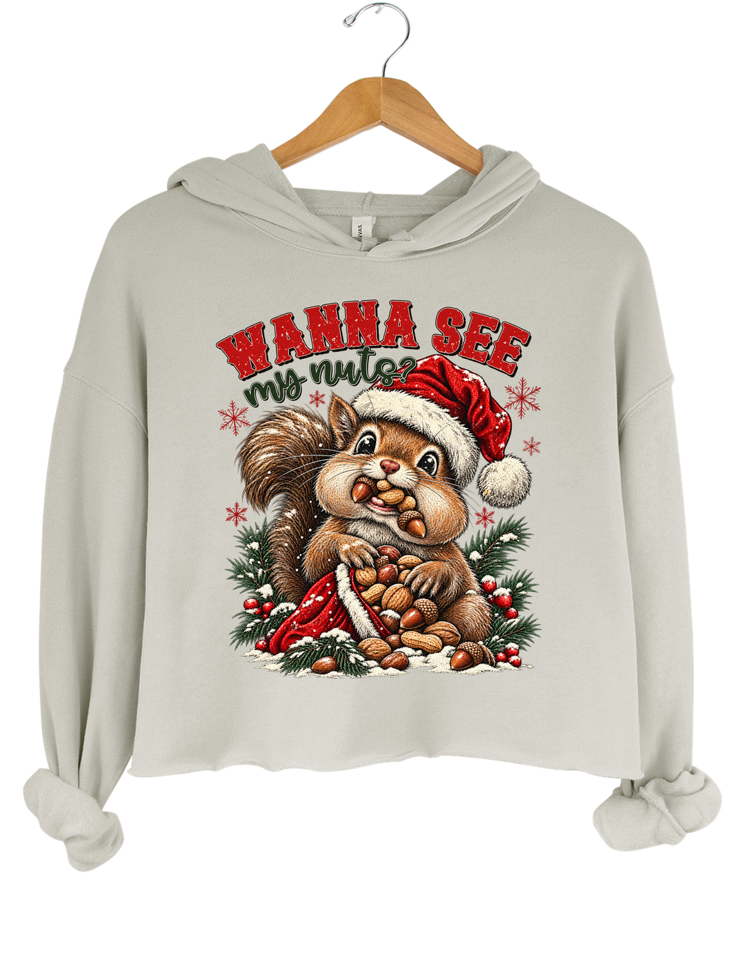 Wanna See My Nuts Funny Christmas Crop Hoodie - Gray