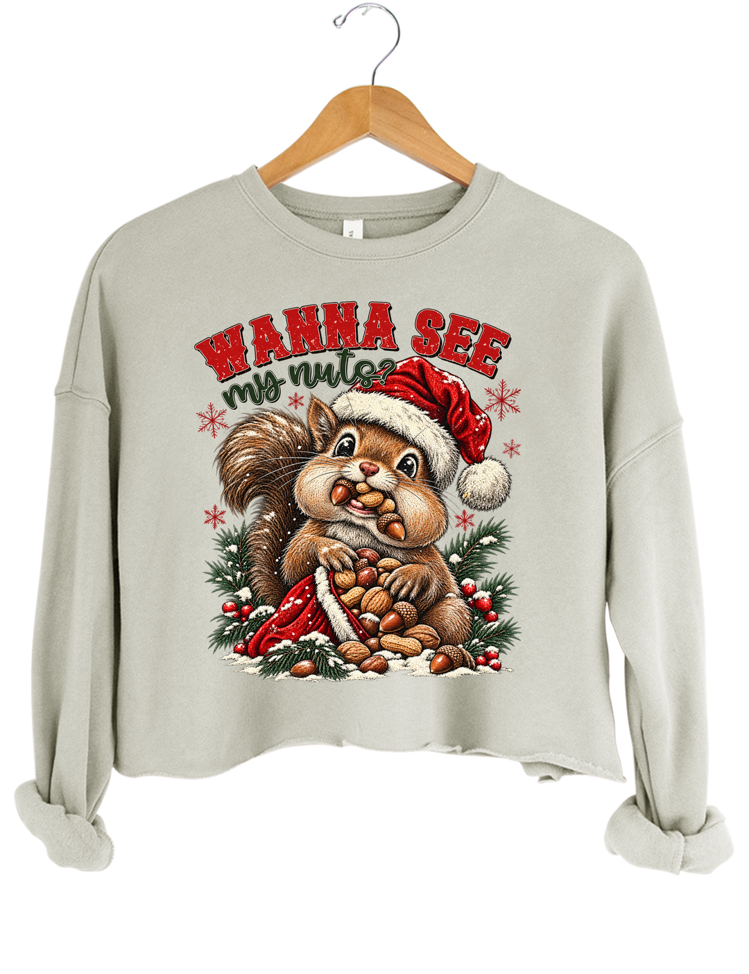 Wanna See My Nuts Funny Christmas Crop Sweatshirt - Gray