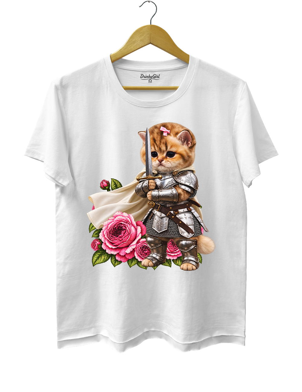 Knight Cat With Rose Vintage Tee - White