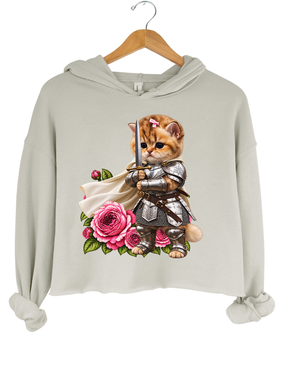 Knight Cat With Rose Vintage Crop Hoodie - Gray