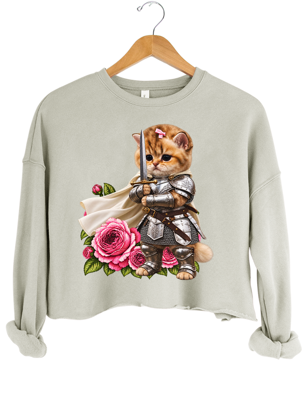 Knight Cat With Rose Vintage Crop Sweatshirt - Gray