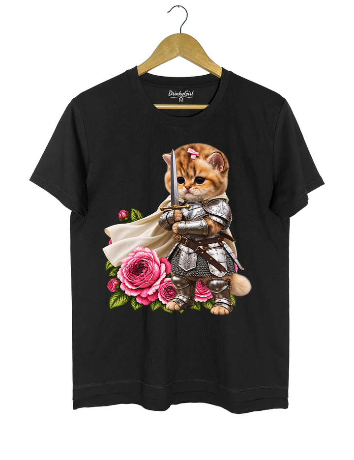 Knight Cat With Rose Vintage Tee - Black