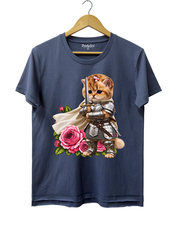 Knight Cat With Rose Vintage Tee - Navy Blue