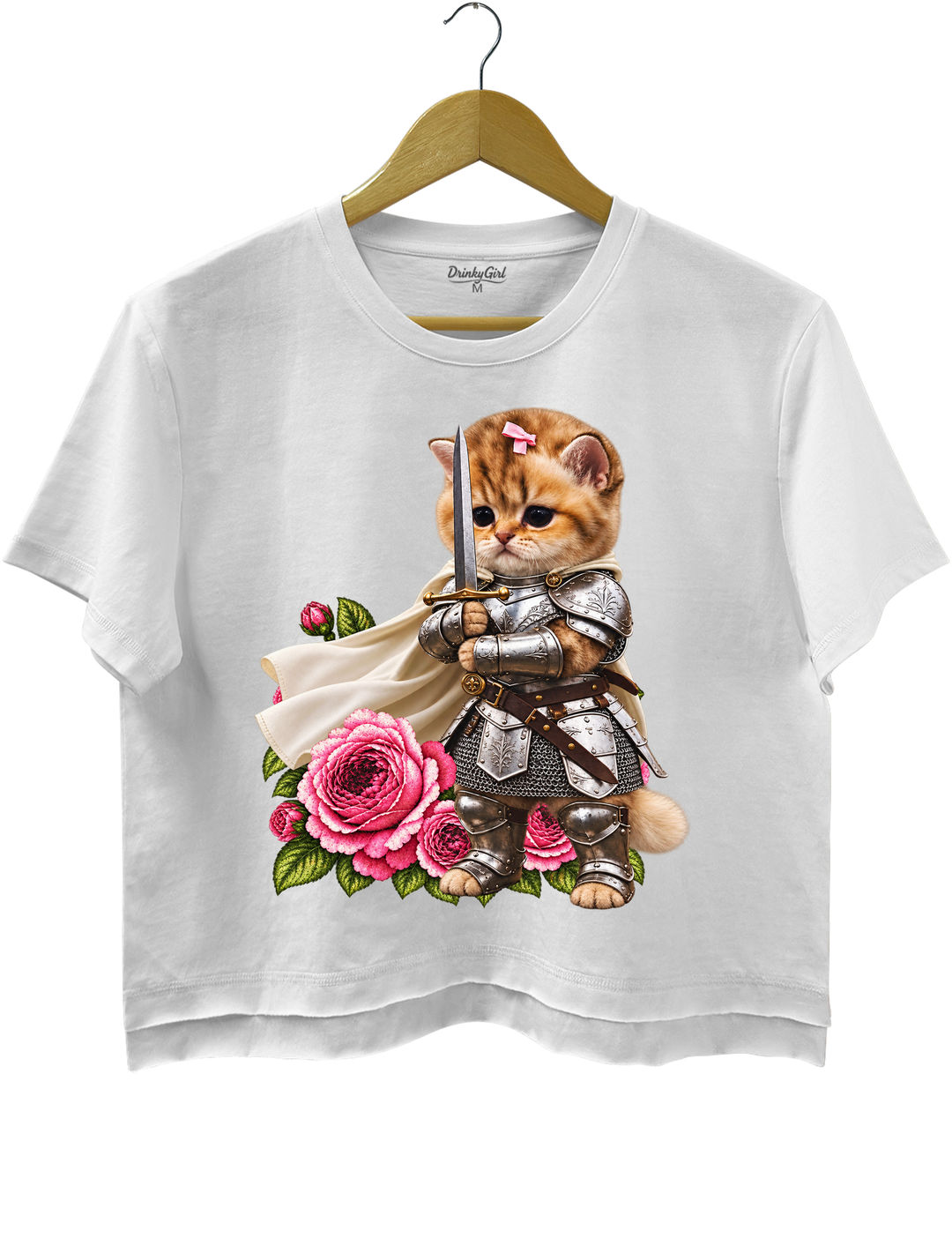 Knight Cat With Rose Vintage Crop Top - White