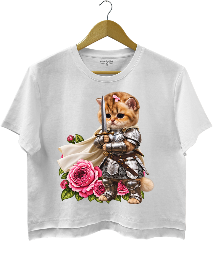 Knight Cat With Rose Vintage Crop Top - White