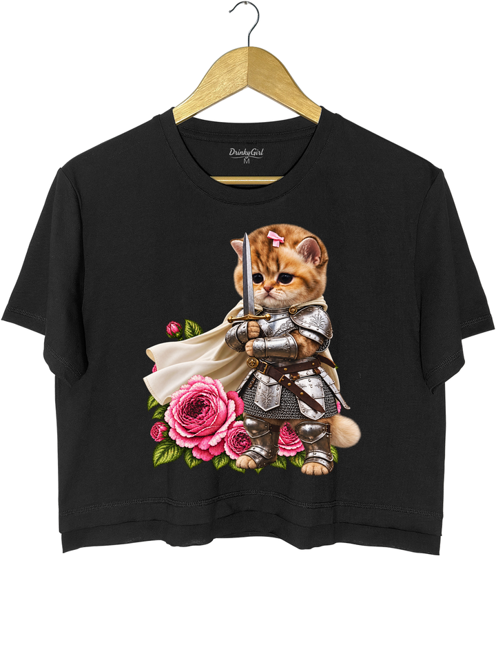 Knight Cat With Rose Vintage Crop Top - Black