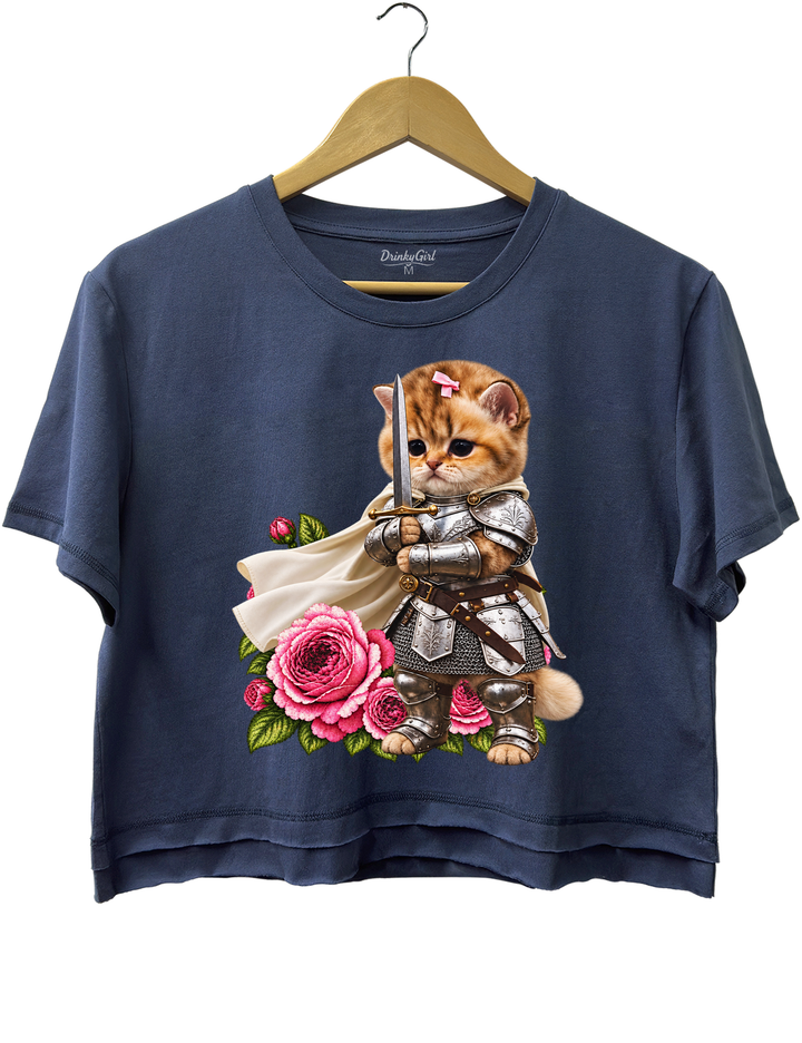 Knight Cat With Rose Vintage Crop Top - Navy Blue