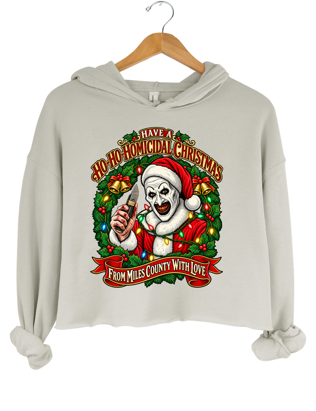 Vintage Art The Clown Christmas Terrifier4 Crop Hoodie - Gray
