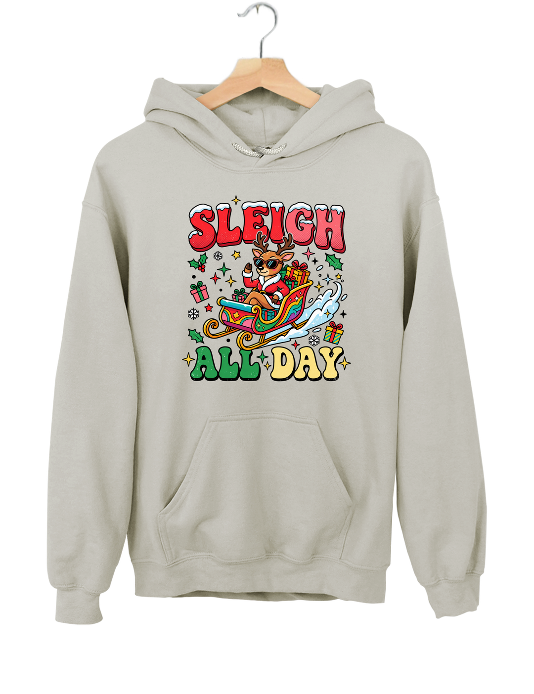 Sleigh All Day Retro Christmas Hoodie - Gray