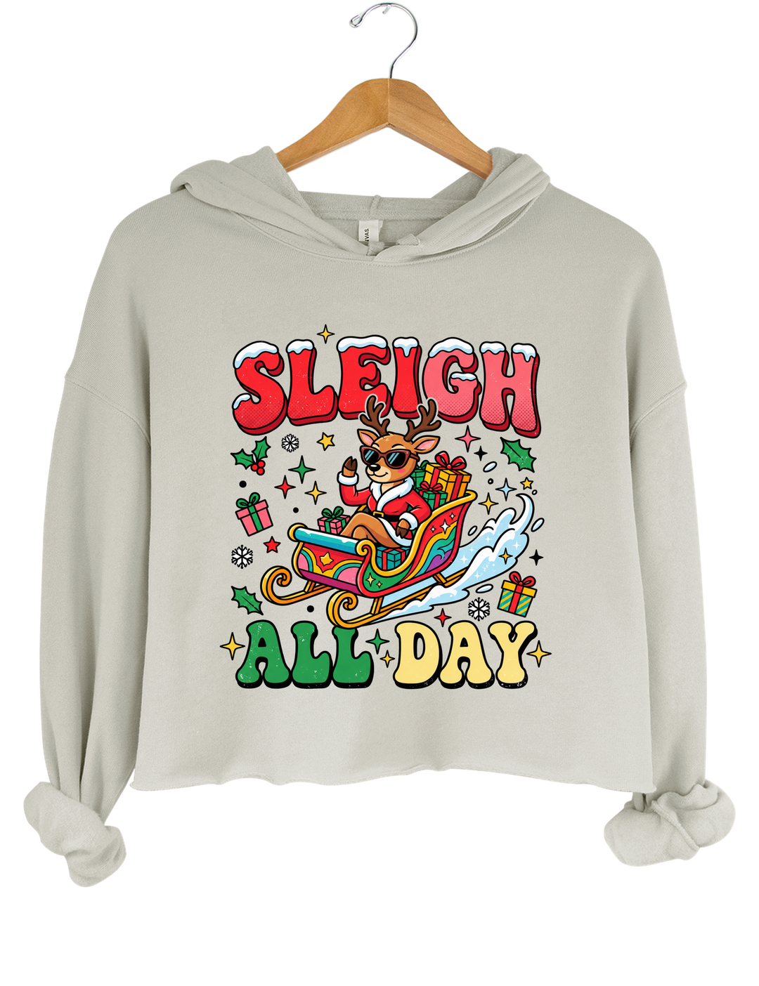 Sleigh All Day Retro Christmas Crop Hoodie - Gray