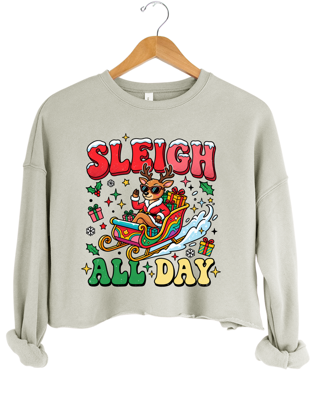 Sleigh All Day Retro Christmas Crop Sweatshirt - Gray