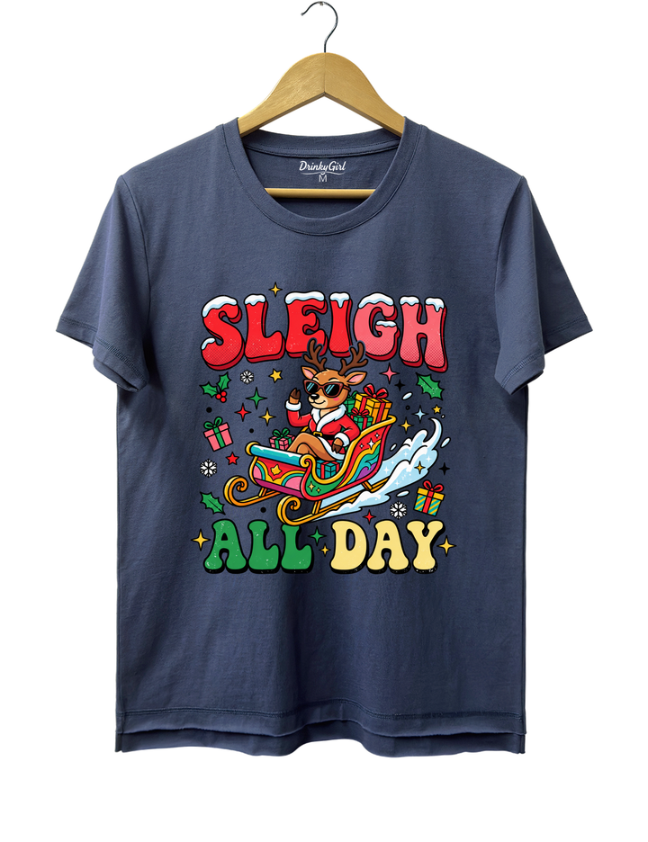 Sleigh All Day Retro Christmas Tee - Navy Blue