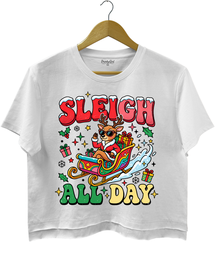 Sleigh All Day Retro Christmas Crop Top - White