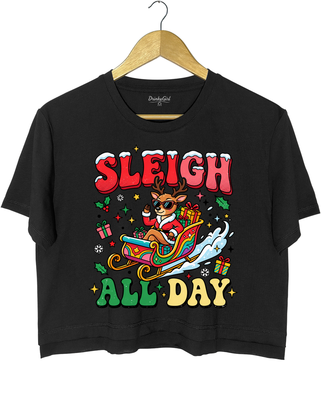 Sleigh All Day Retro Christmas Crop Top - Black