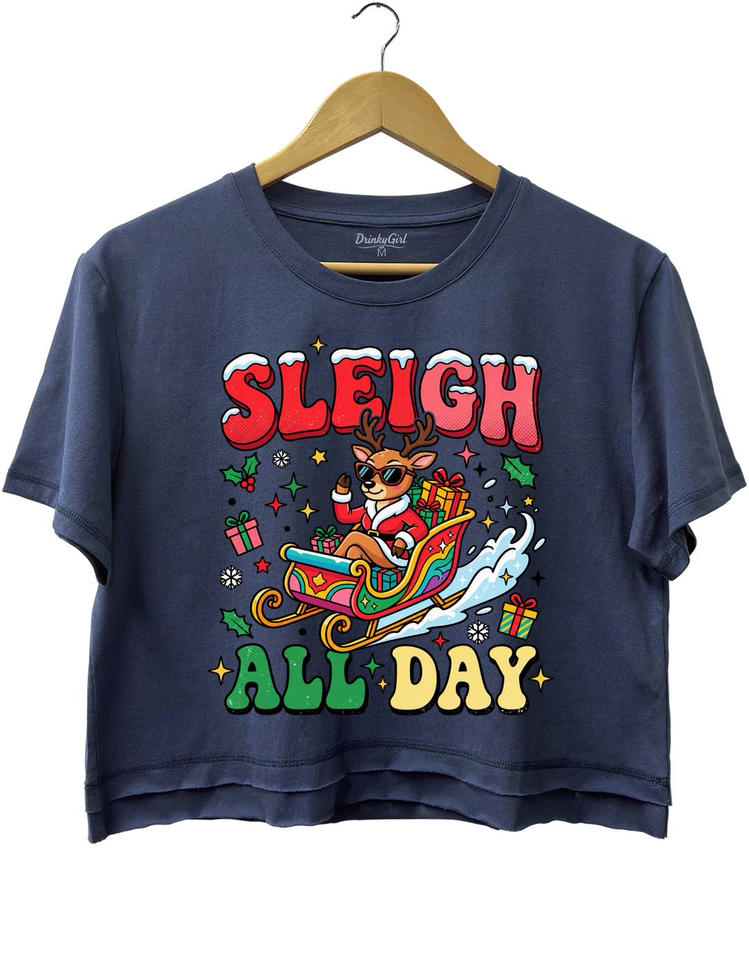 Sleigh All Day Retro Christmas Crop Top - Navy Blue