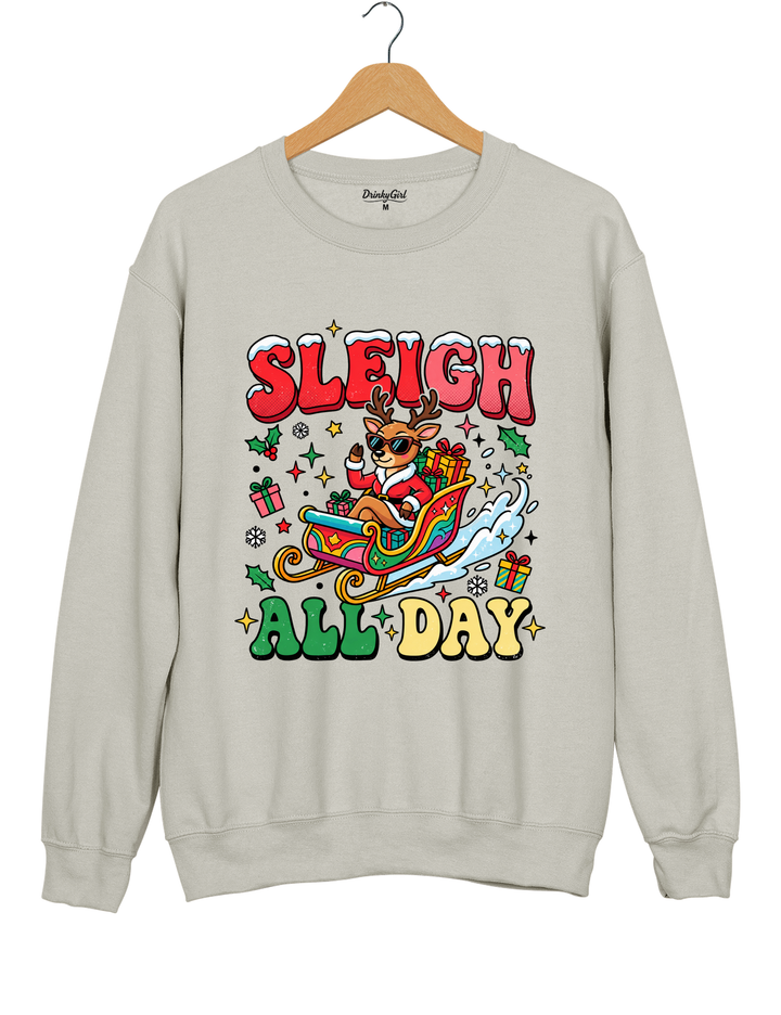 Sleigh All Day Retro Christmas Sweatshirt - Gray