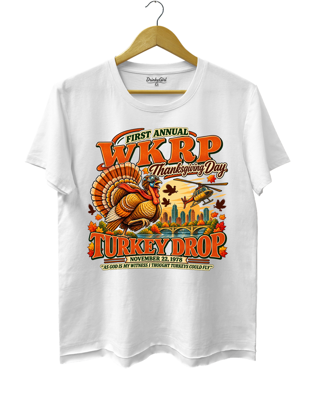 Funny Thanksgiving WKRP Turkey Drop Tee - White