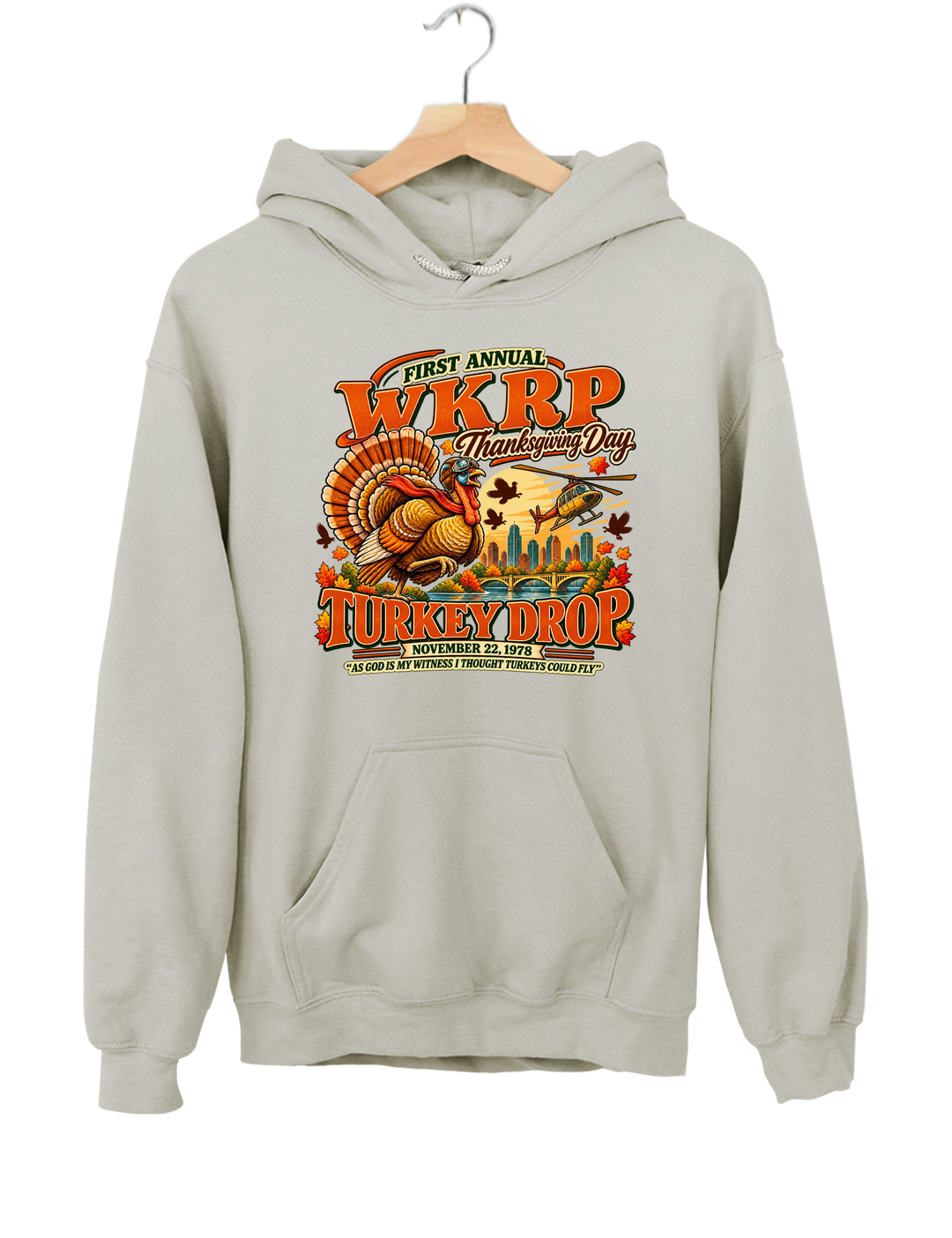 Funny Thanksgiving WKRP Turkey Drop Hoodie - Gray