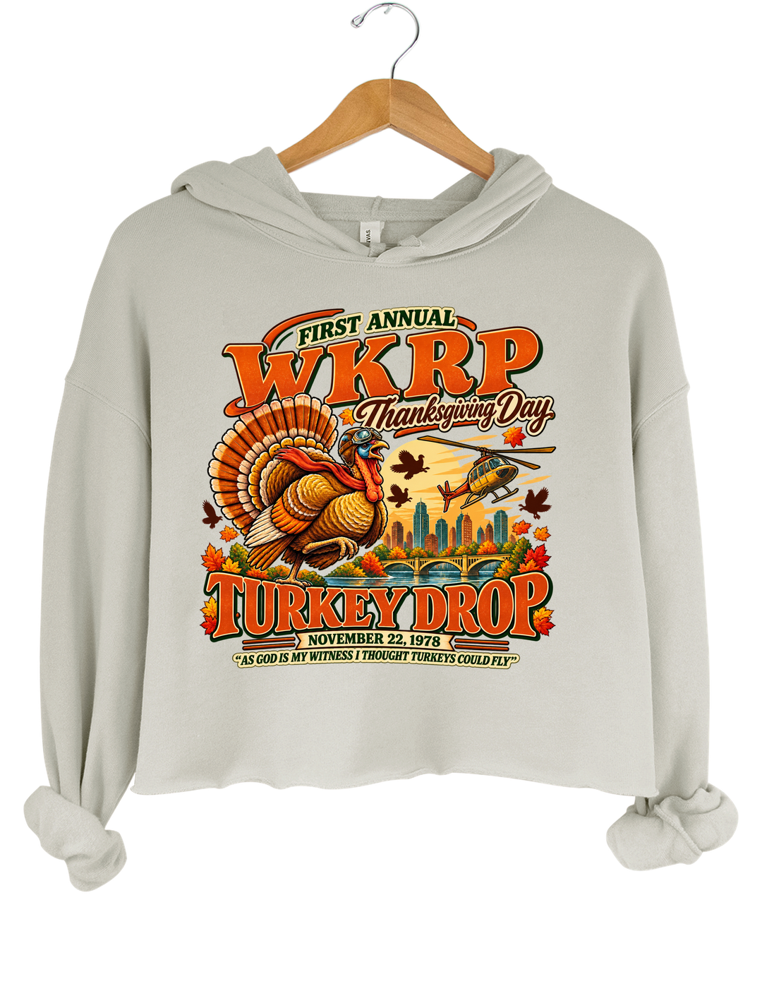 Funny Thanksgiving WKRP Turkey Drop Crop Hoodie - Gray