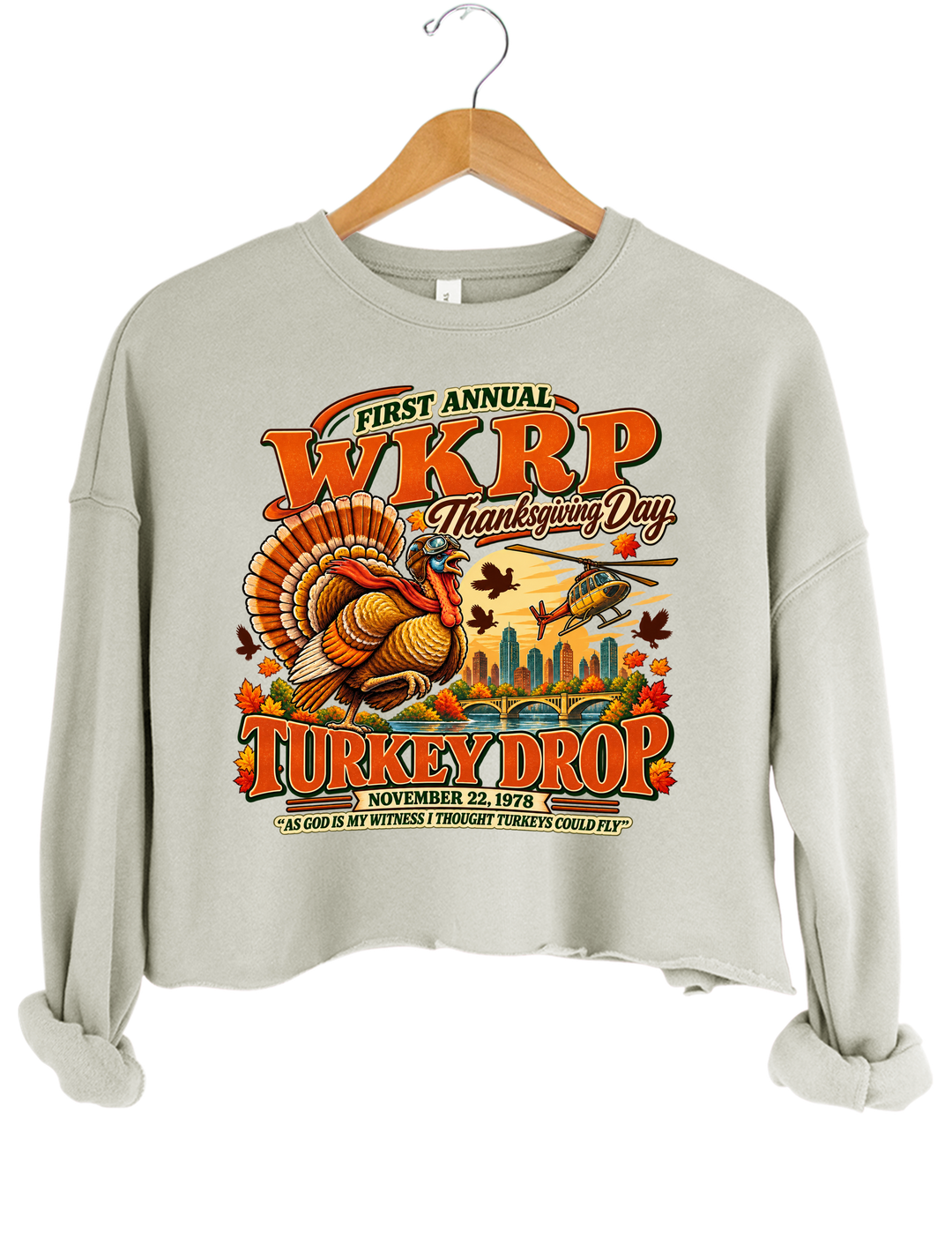 Funny Thanksgiving WKRP Turkey Drop Crop Sweatshirt - Gray