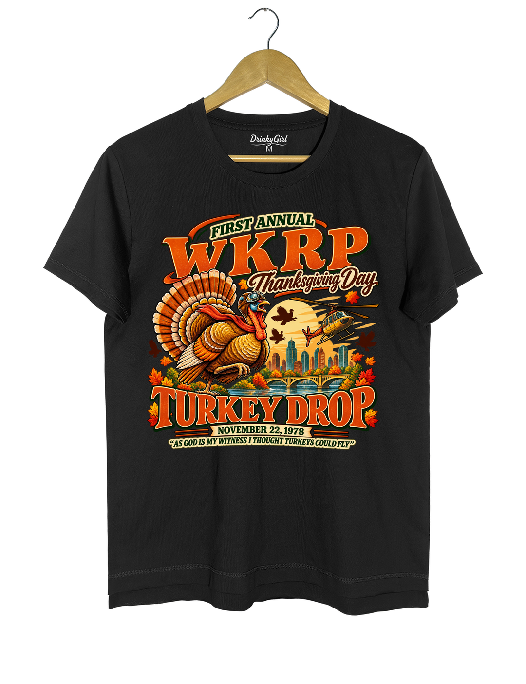 Funny Thanksgiving WKRP Turkey Drop Tee - Black