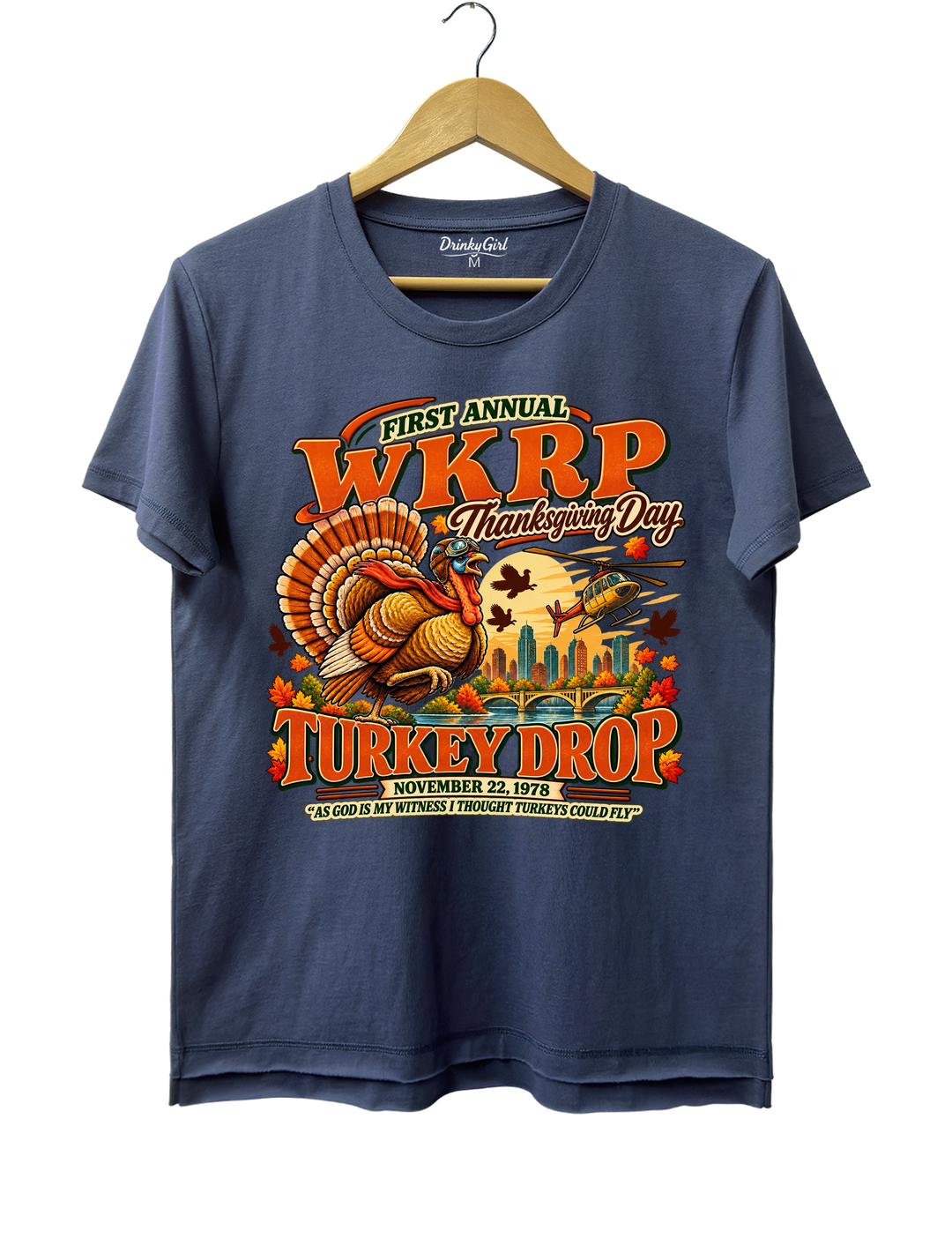 Funny Thanksgiving WKRP Turkey Drop Tee - Navy Blue