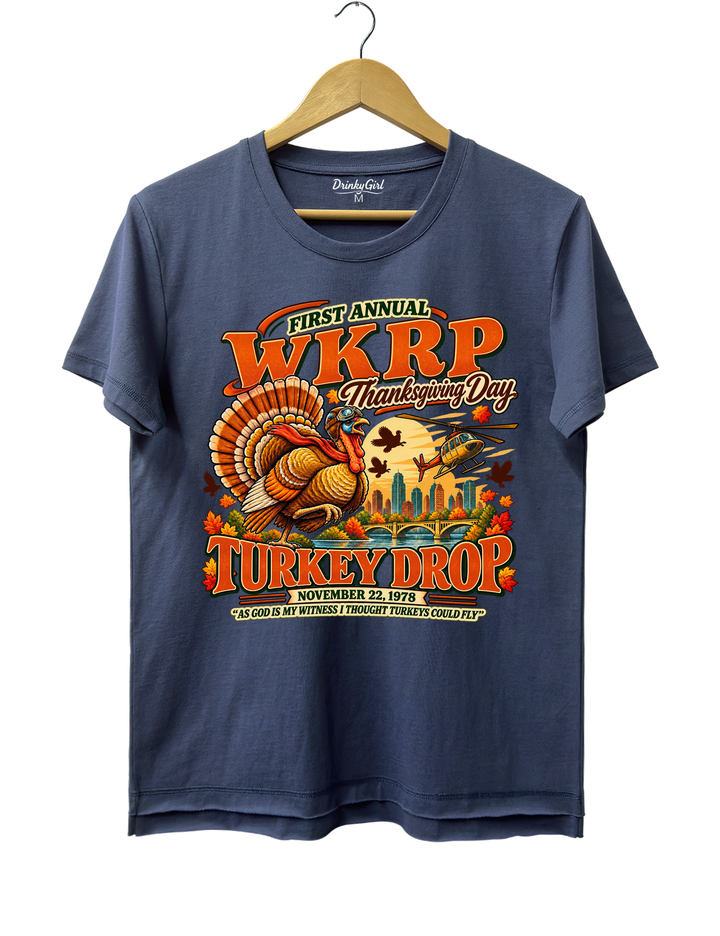 Funny Thanksgiving WKRP Turkey Drop Tee - Navy Blue
