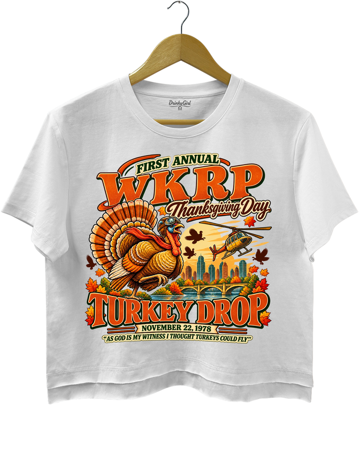 Funny Thanksgiving WKRP Turkey Drop Crop Top - White