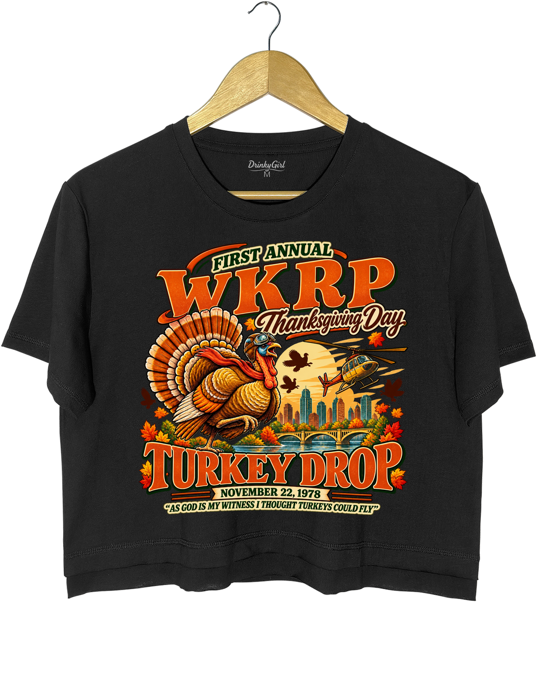 Funny Thanksgiving WKRP Turkey Drop Crop Top - Black