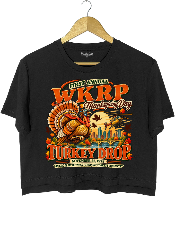 Funny Thanksgiving WKRP Turkey Drop Crop Top - Black