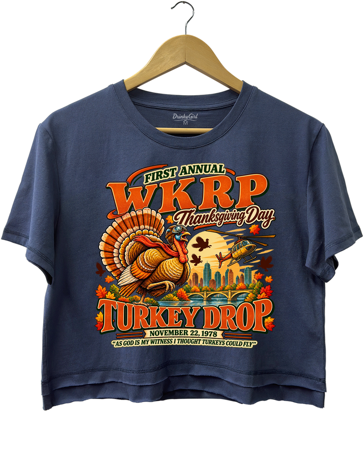 Funny Thanksgiving WKRP Turkey Drop Crop Top - Navy Blue