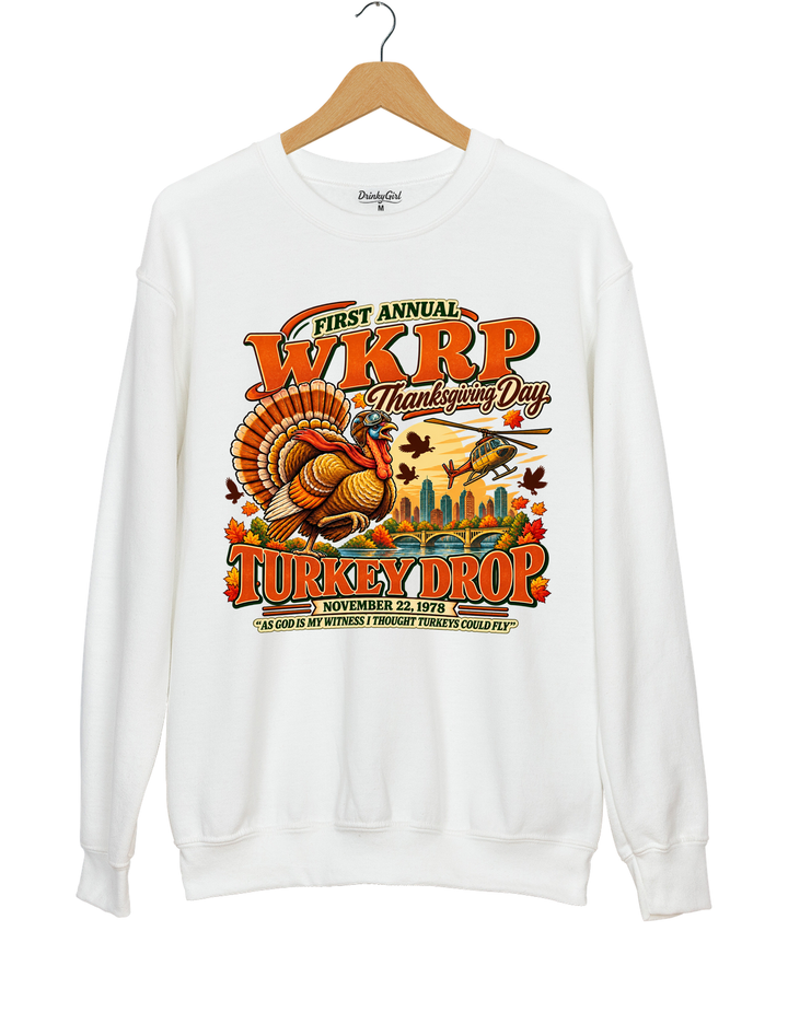 Funny Thanksgiving WKRP Turkey Drop Sweatshirt - White