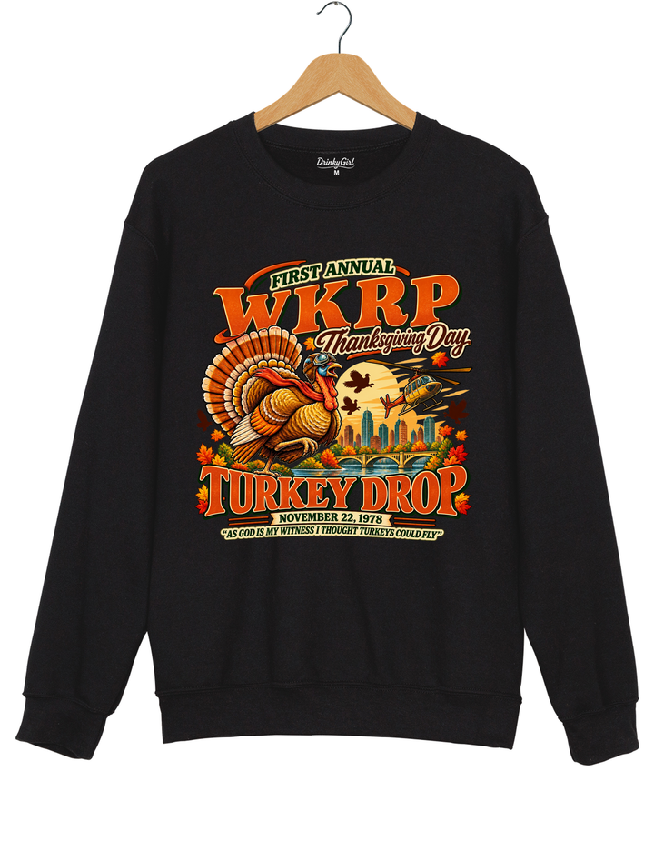 Funny Thanksgiving WKRP Turkey Drop Sweatshirt - Black