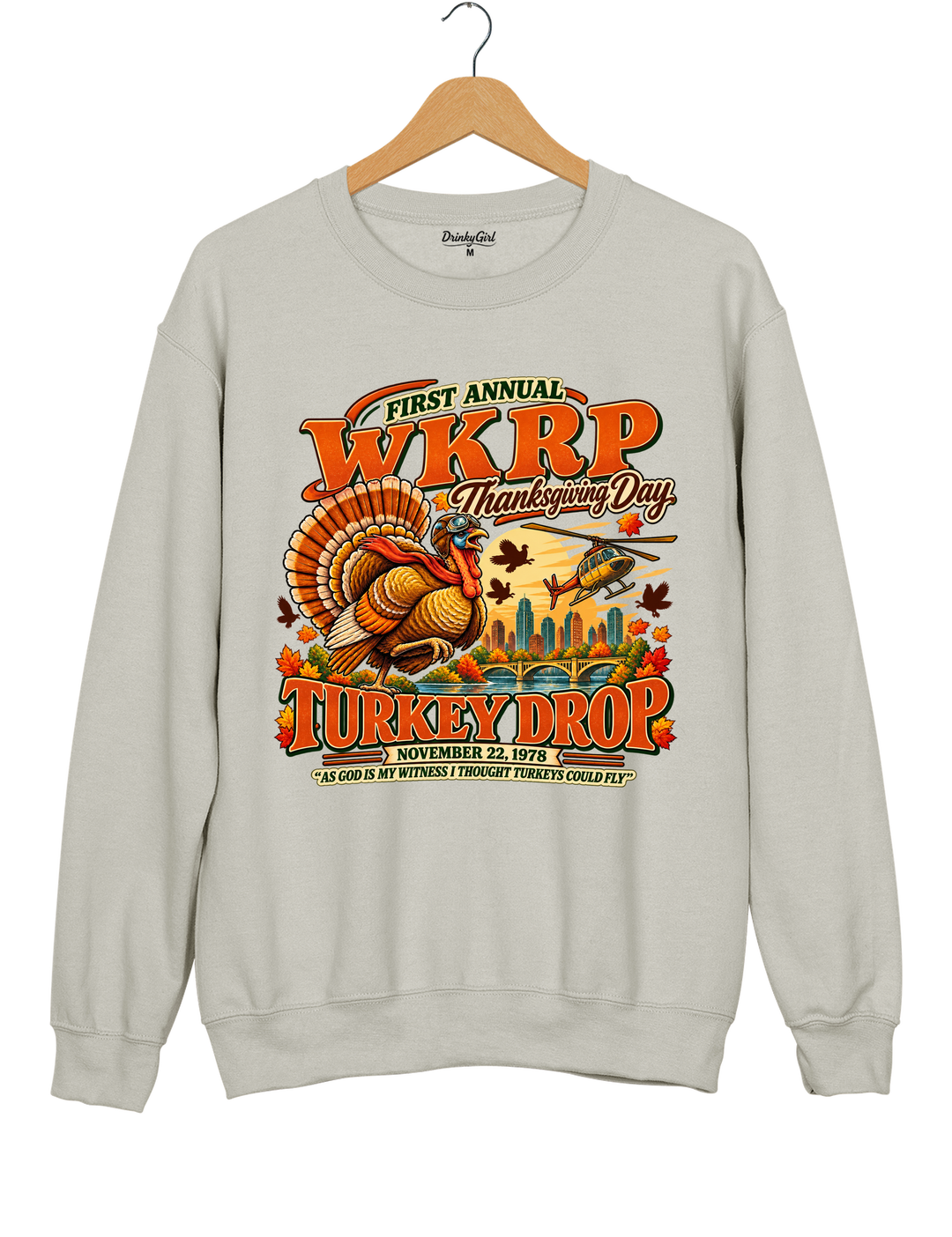 Funny Thanksgiving WKRP Turkey Drop Sweatshirt - Gray