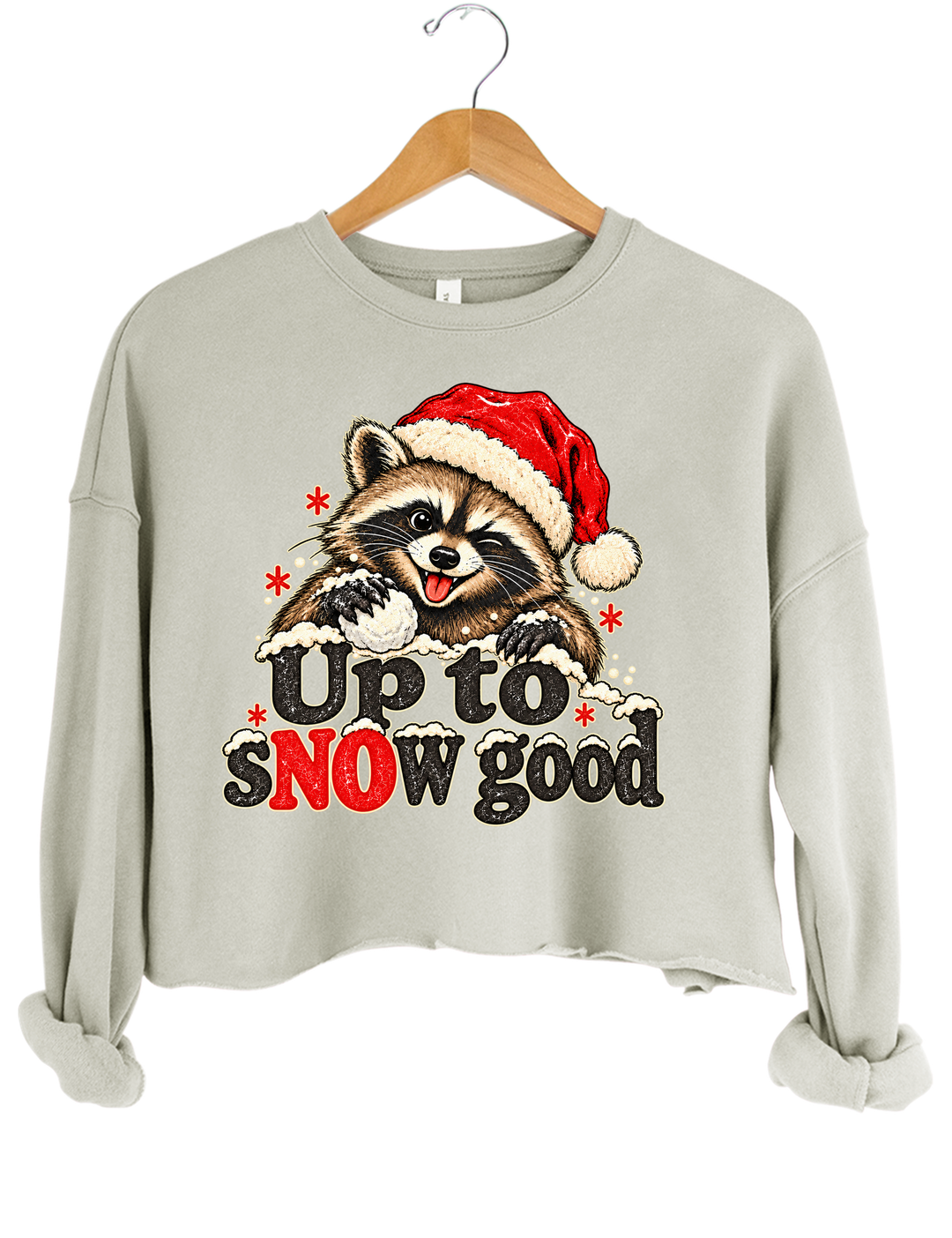 Funny Up To Snow Good Raccoon Christmas Crop Sweatshirt - Gray