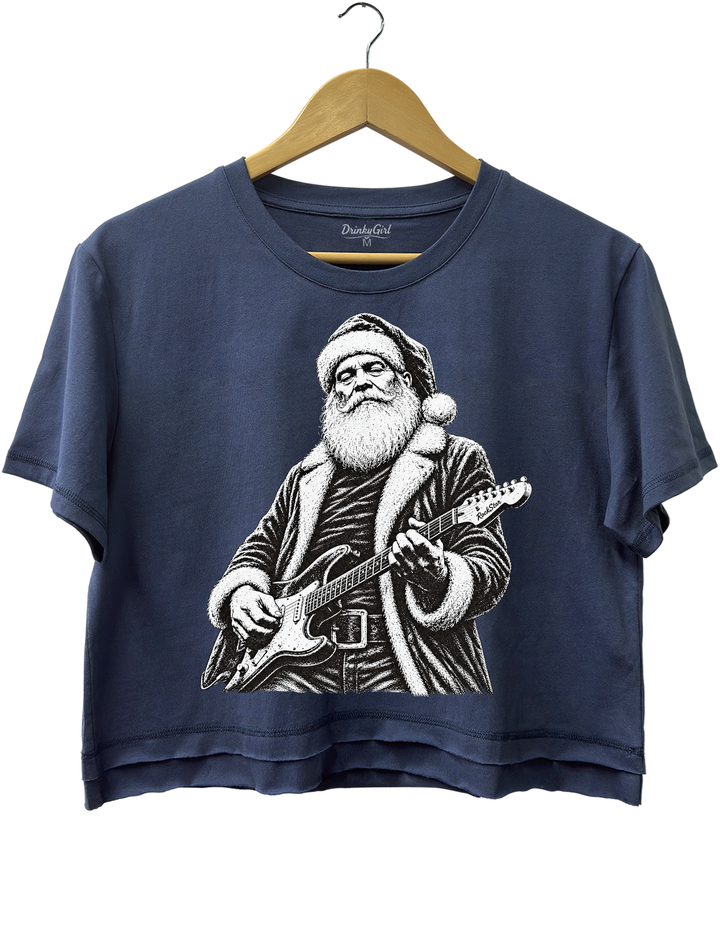 Rockin Santa Christmas Crop Top - Navy Blue