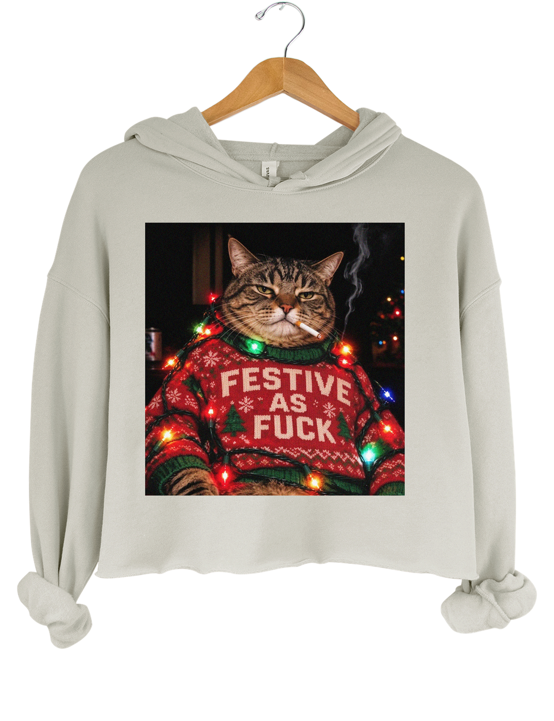 Funny Christmas Cat Crop Hoodie - Gray