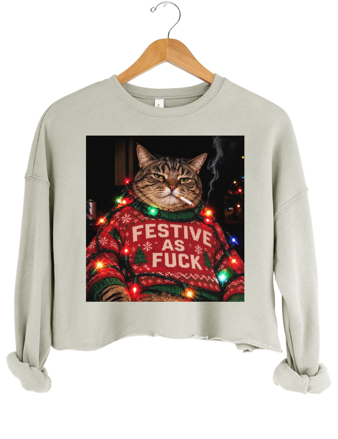 Funny Christmas Cat Crop Sweatshirt - Gray