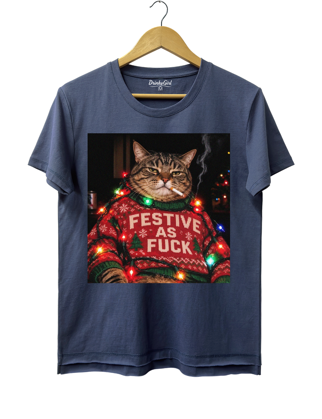Funny Christmas Cat Tee - Navy Blue