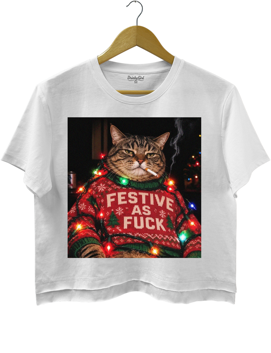 Funny Christmas Cat Crop Top - White