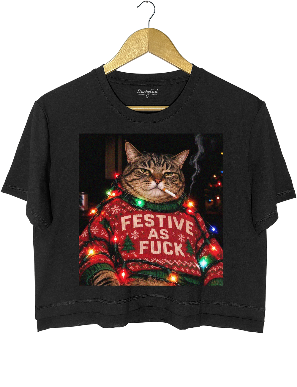 Funny Christmas Cat Crop Top - Black