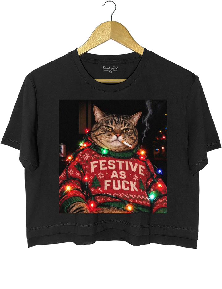 Funny Christmas Cat Crop Top - Black