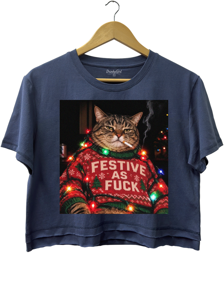 Funny Christmas Cat Crop Top - Navy Blue
