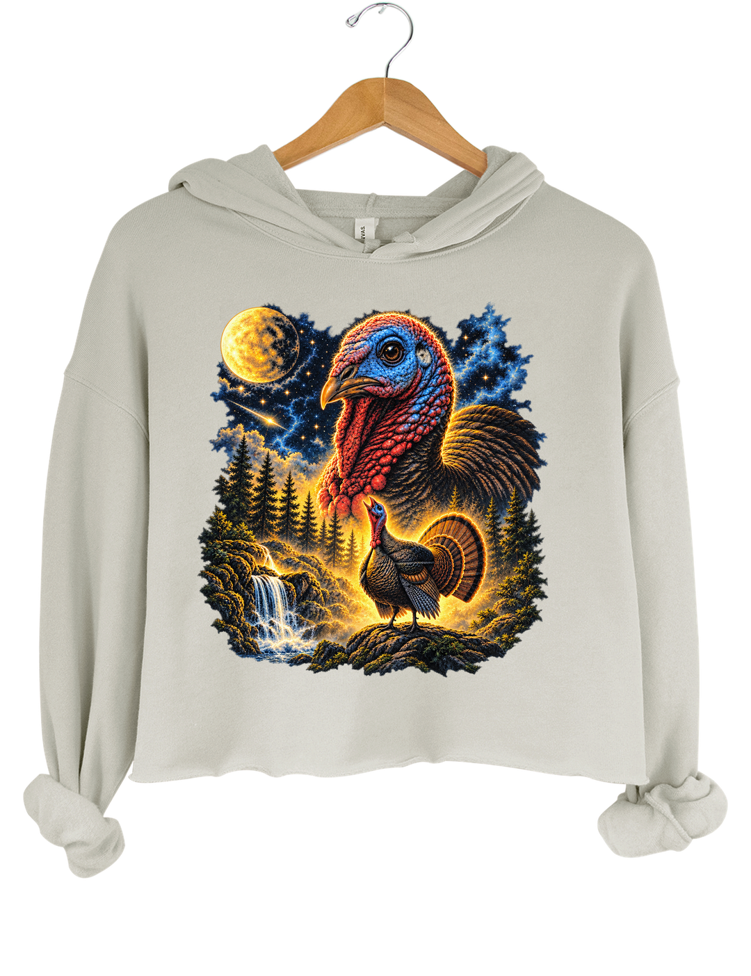 Turkey Howling To The Moon Thanksgiving Crop Hoodie - Gray