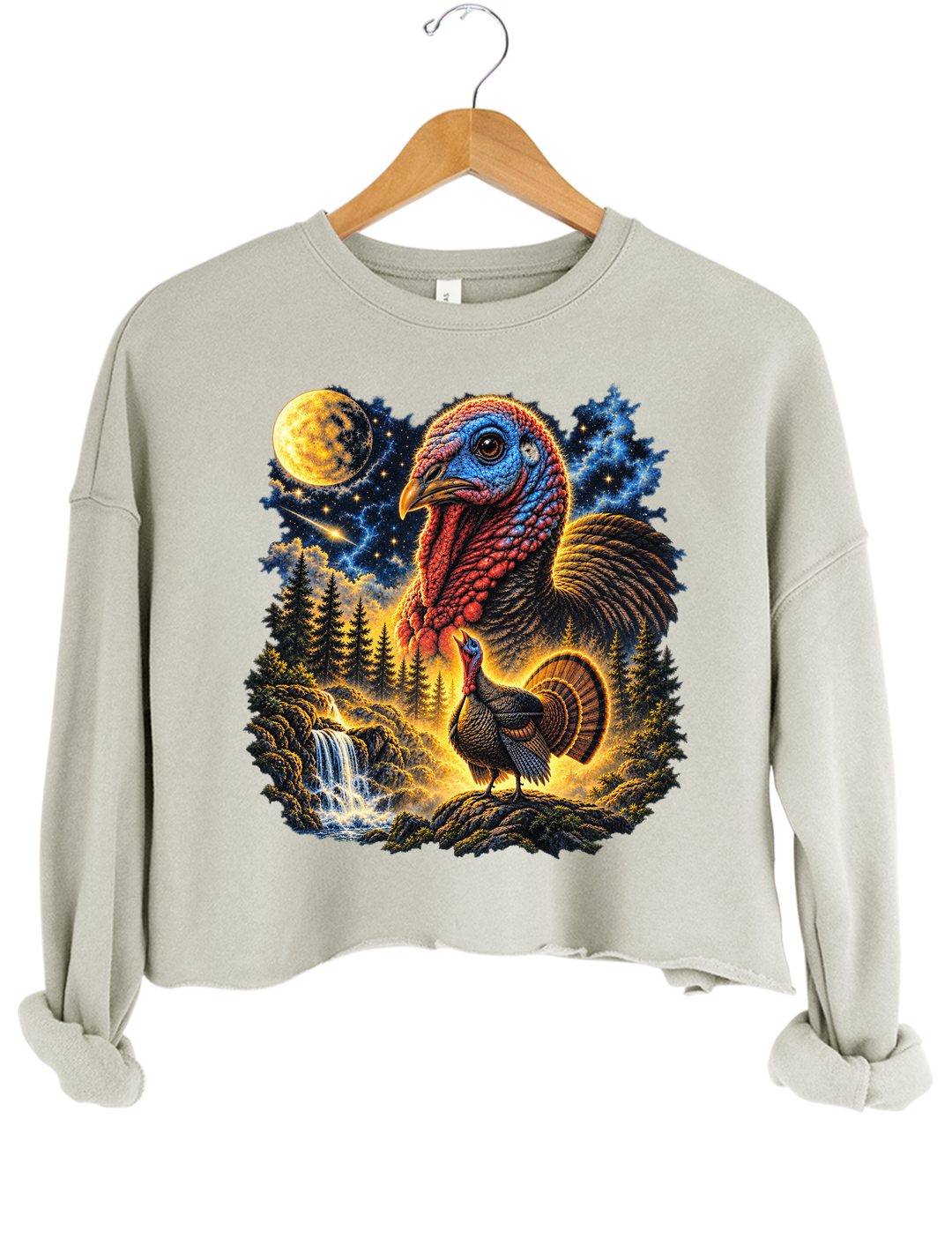 Turkey Howling To The Moon Thanksgiving Crop Sweatshirt - Gray
