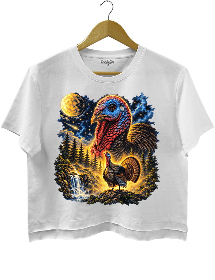 Turkey Howling To The Moon Thanksgiving Crop Top - White